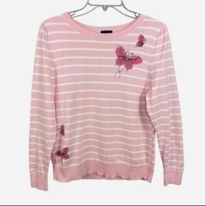 Talbots Pink And White Striped Embroidered Butterfly Sweater Puff Sleeves LP
